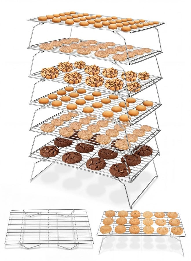 Ferrochef 6 Tier Silver Stackable Cooling Rack 15.7" x 9.85" Foldable Baking Rack Collapsible Low Carbon Steel Wire Large Capacity Roasting Baking Gifts for Women Roasting Grilling Silver - Image 1