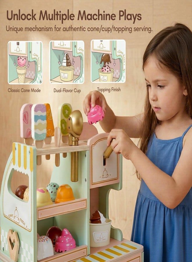 Giant bean Wooden Ice Cream Play Set, with Drop-Down Dispenser, Play Kitchen Accessories with Cones, Popsicles, Scoops, Play Money & Menu, Ice Cream Toy for Kids Ages 3+, Birthday - Image 2