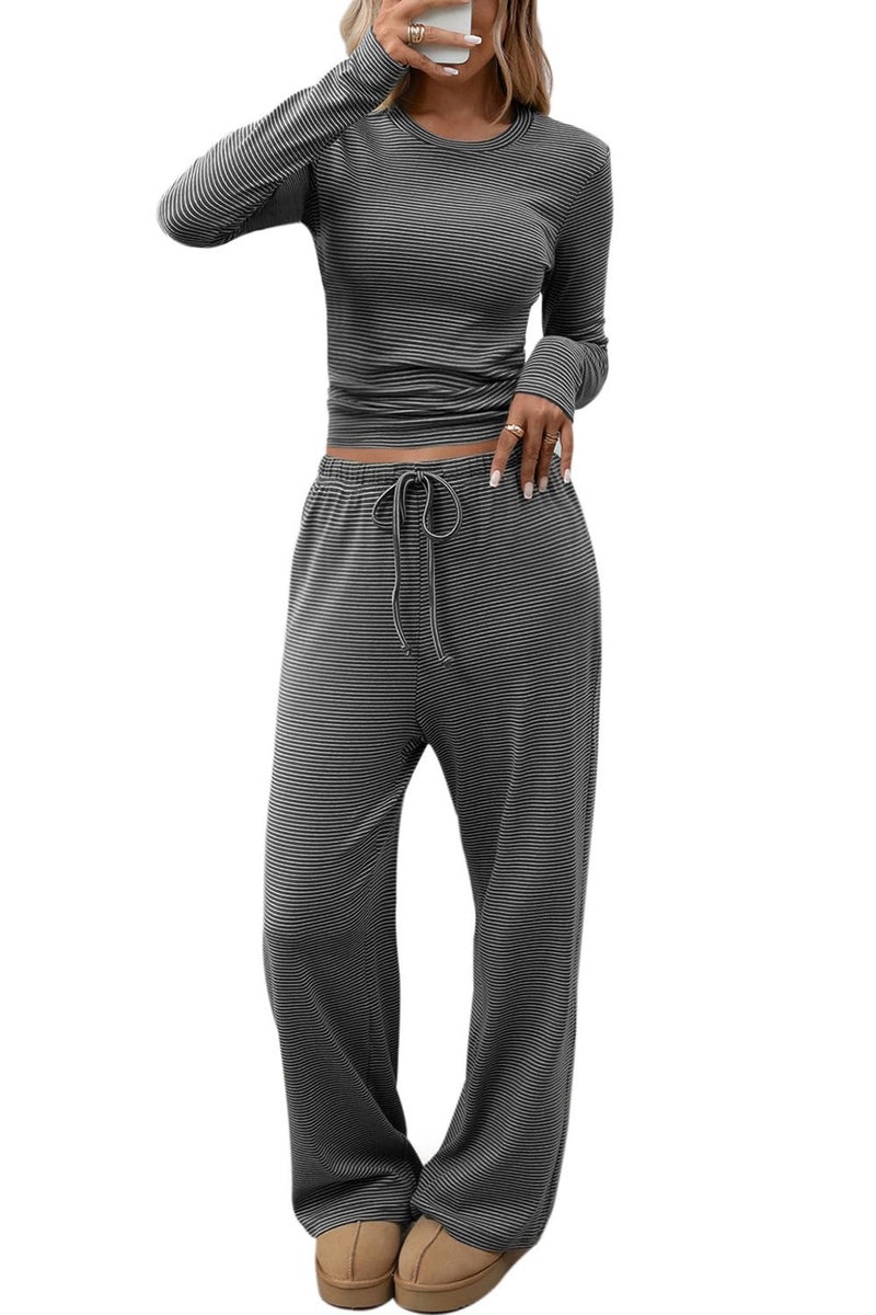 CHYRII Pajamas Sets for Women Long Sleeve Shirt High Waisted Comfy Palazzo Pants 2PCS Outfits Lounge Sets Black XS - Image 1