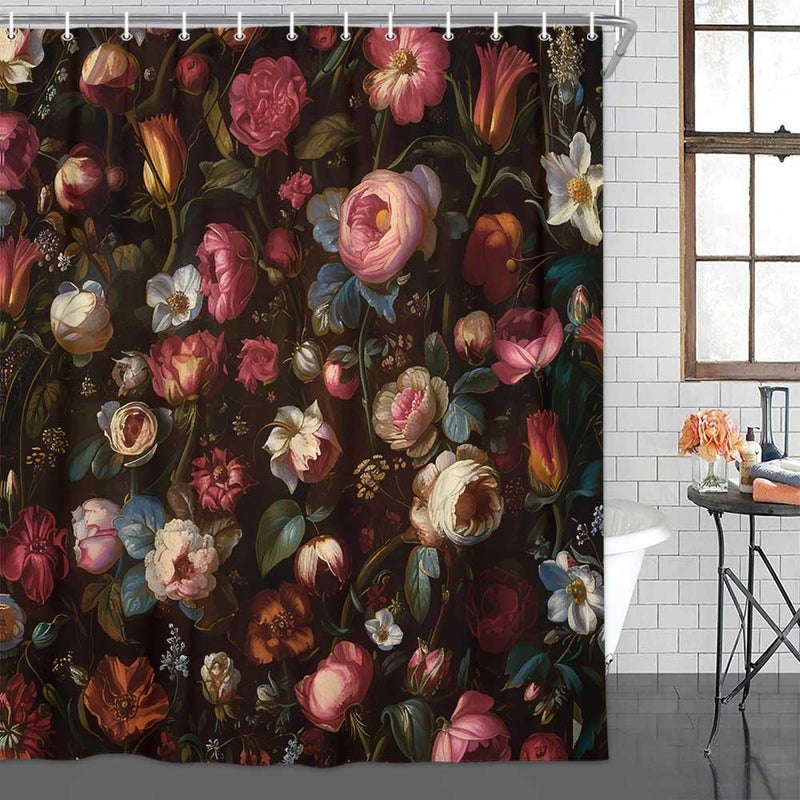 Drgilau Floral Shower Curtain  Black Boho Floral Shower Curtain Vintage Floral Shower Curtain Set Decor  Pink Plant Flower Bathroom Curtain with Hooks for Bathroom Decor 72X72 Inch - Image 1