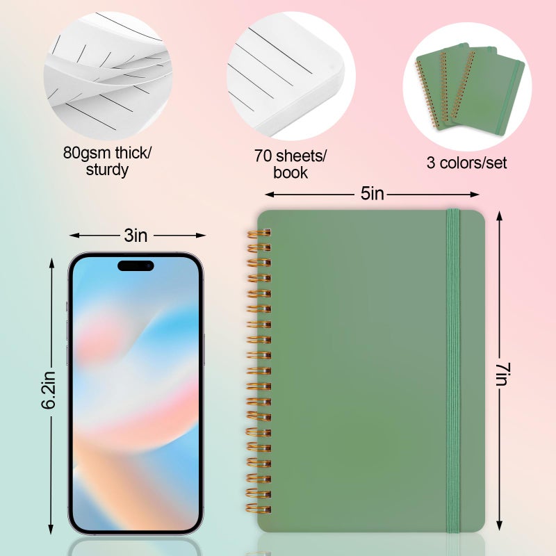 Utron 3 PCS Small Spiral Notebook 5x7, Notebooks for Note Taking, Green Spiral Journal Notebook, Work Notebook Small Notebooks 5x7 with Strap, Cute Notebooks for Women 70 Sheets/Note Books - Image 2