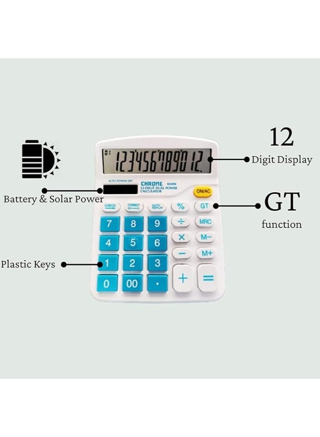 chrome Check & Correct Basic Desktop Calculator with Solar and Battery, 12 Digit, 112 Steps Check, Blue - Image 1