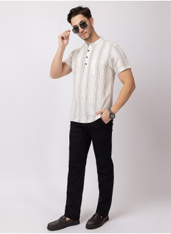 OCTAVE Octave Men's Solid Color Vertical Stripe Knited T-Shirt,Beige  - Image 1