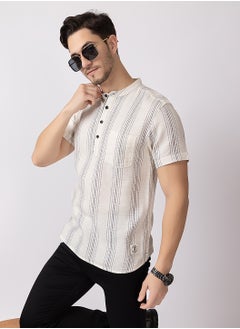 OCTAVE Octave Men's Solid Color Vertical Stripe Knited T-Shirt,Beige  - Image 2