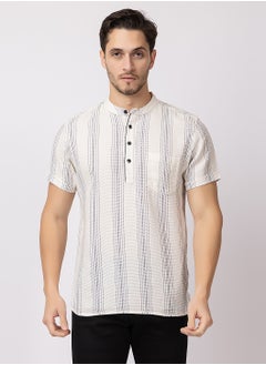 OCTAVE Octave Men's Solid Color Vertical Stripe Knited T-Shirt,Beige  - Image 3
