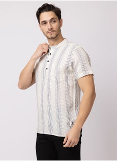 OCTAVE Octave Men's Solid Color Vertical Stripe Knited T-Shirt,Beige  - Image 4
