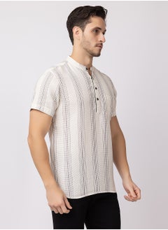 OCTAVE Octave Men's Solid Color Vertical Stripe Knited T-Shirt,Beige  - Image 5