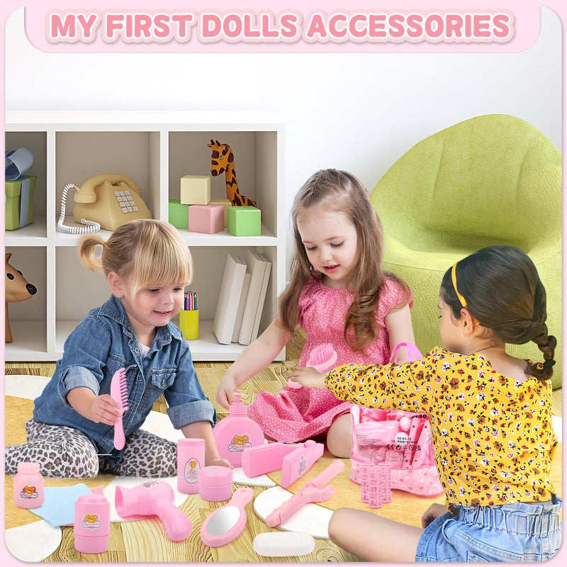 deAO 40 Piece Baby Doll Accessories Bag with Baby Feeding Accessories, Clothes, Doll Bear, Bath Toys, Soother Dummy and Much More - Great Nurturing Pretend Toy for Kids! - Image 3