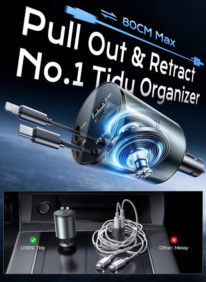 General Retractable iPhone Car Charger [All Metal] [69W], Fast Charge Car Phone Charger Adapter Retractable Cables, Car Organization for iPhone 15 Pro Max Plus 14 13 iPad Samsung Pixel iPad  - Image 3