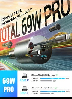 General Retractable iPhone Car Charger [All Metal] [69W], Fast Charge Car Phone Charger Adapter Retractable Cables, Car Organization for iPhone 15 Pro Max Plus 14 13 iPad Samsung Pixel iPad  - Image 4