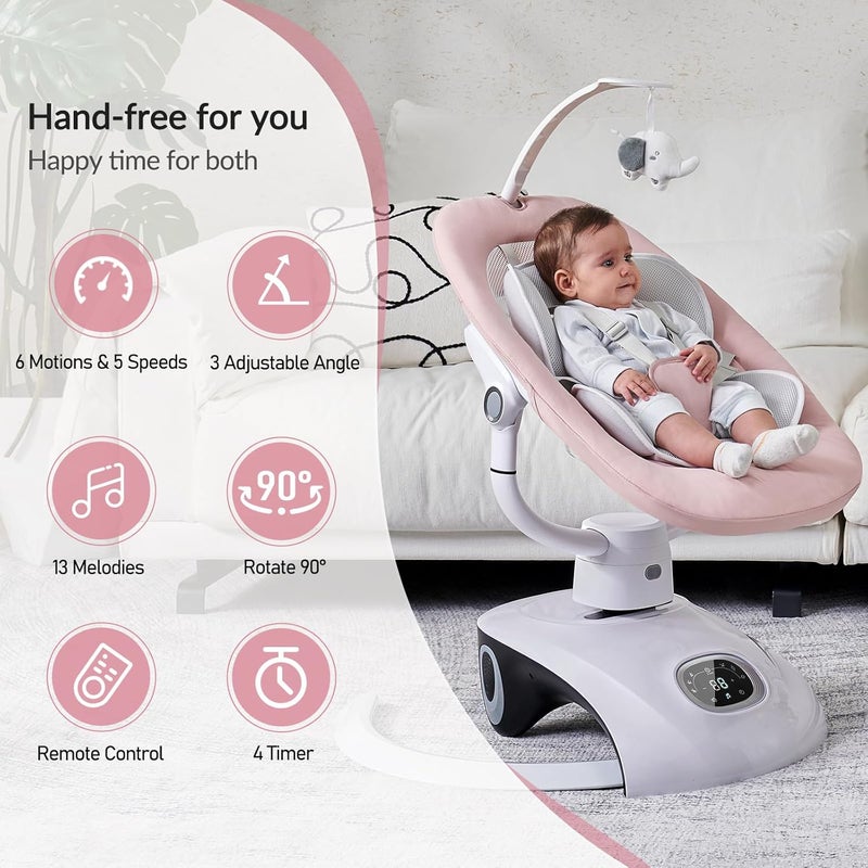 VaVaSoo أرجوحة كهربائية للأطفال الرضع أوتوماتيكية متعددة الحركة للمواليد الجدد للبنات والأولاد مع جهاز تحكم عن بعد 5 سرعات 13 لحن وردي - Image 4