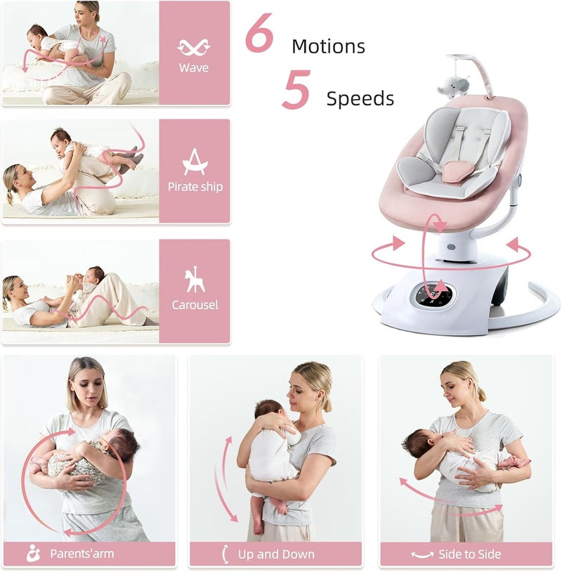 VaVaSoo أرجوحة كهربائية للأطفال الرضع أوتوماتيكية متعددة الحركة للمواليد الجدد للبنات والأولاد مع جهاز تحكم عن بعد 5 سرعات 13 لحن وردي - Image 5