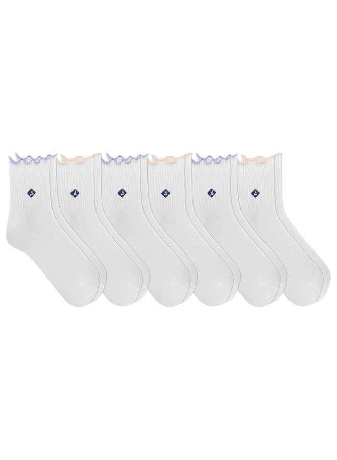 Sperry Women's Ribbed Contrast Scallop Edge Anklet Sock 6 Pairs Per Pack, White, Women's Shoe Size 4-10