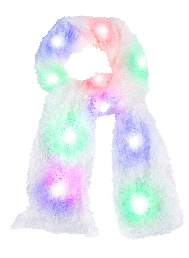 SYOSI LED Plush Scarf for Women Rainbow Neon Rave Fluffy 80s Dance Scarf Sparkly Light Up Jacket White Furry Rave Scarf Costumes Dance Coat Burning man Scarf Light Up Clothing Accessories - Image 1