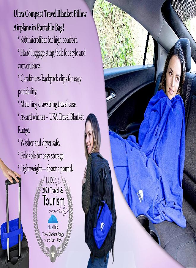 BlueHills BlueHills Ultra Compact Travel Blanket Pillow in Portable Bag Case with Hand Luggage Belt & Backpack Clip Premium Cozy Soft Compact Pack Large Blanket for Airplane Flight Layover Blue - Royal C005 - Image 2