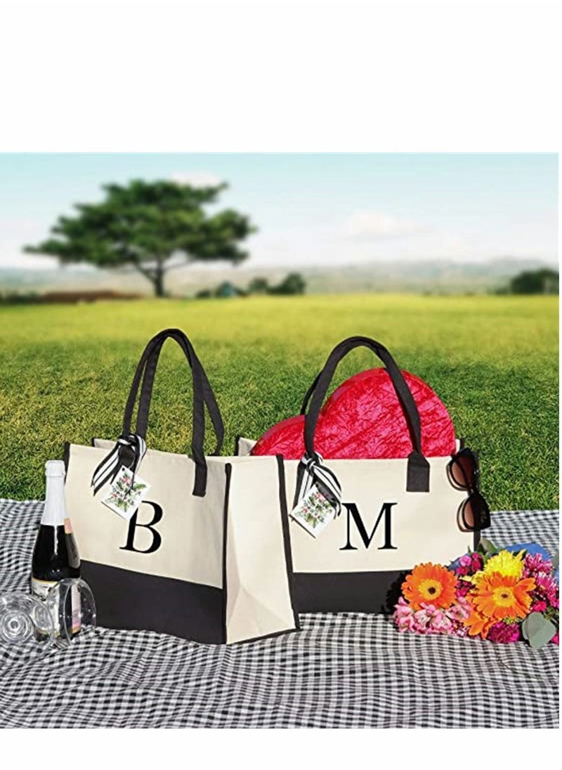 واي آند دي - Tote Bag, Personalized Letter A Canvas Cotton Two Tone Chic Eusable Grocery Bags Shopping for Women Wedding Bridesmaids Birthday Party, Classic Black and White, 1 Pcs - Image 1