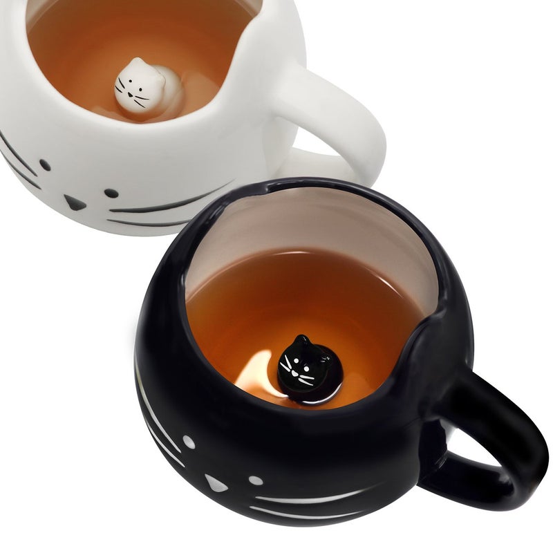 Koolkatkoo Cute Cat Coffee Mug Set for Girls Women Ceramic Kitty Tea Couple Mugs for Cat Lovers 12 oz Meow Cup Black and White