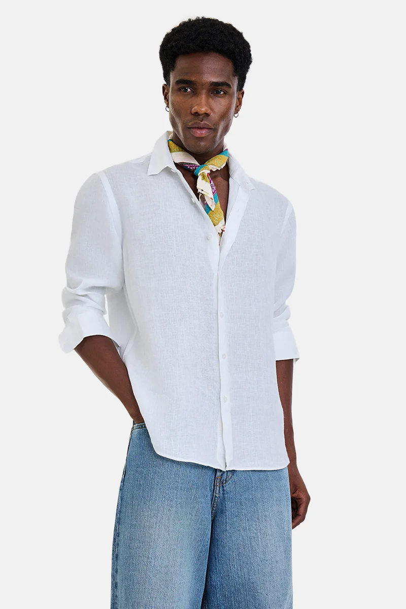 سنيتش White Solid Long Sleeve Regular Fit Shirt