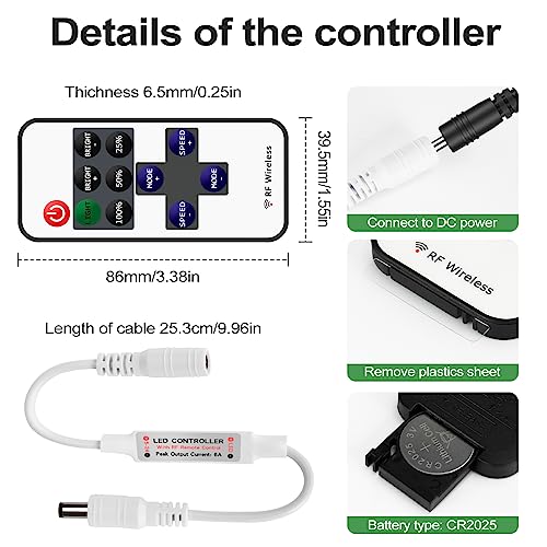 RGBZONE 2 Pack Mini RF LED Dimmer, Single Color Controller for 5050 3528 5630 Strip Lights, DC5V/DC12V/DC24V Single Channel LED Controller, 11-Keys RF Wireless Remote Control - Image 4