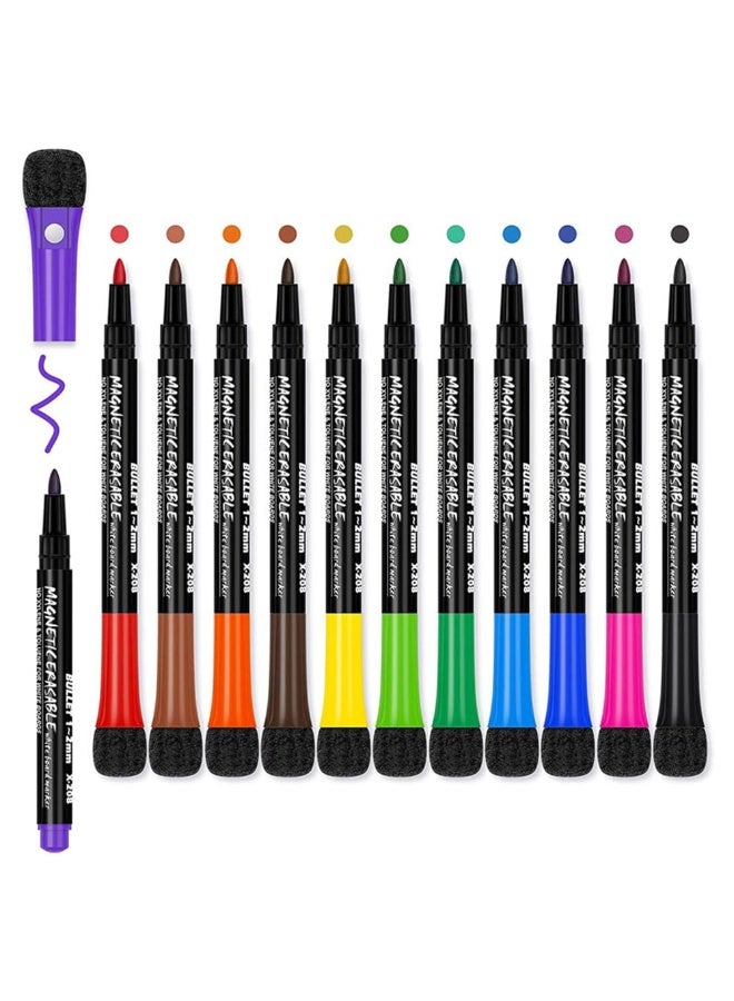 JZS Erase Markers,Whiteboard Markers Magnetic Dry Erase Markers with Eraser,Low Odor White Board Markers Dry Erase Markers Fine Point,Erasable Markers for Calendar Whiteboard,12PCS,Round Head - Image 1