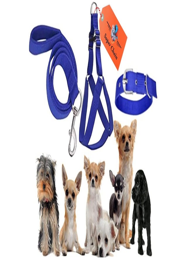 SUPER CHAIN Colourful Adjustable Nylon Dog Leash Harness and Collar Combo, Suitable for Dogs (Collar + Harness +Leash) (Large, Blue) - Image 1