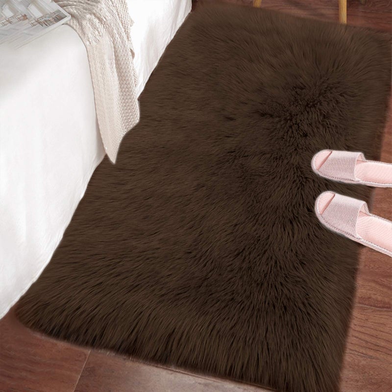 LOCHAS Soft Fluffy Faux Fur Rugs for Bedroom Bedside Rug 2x3 Feet Washable Furry Sheepskin Area Rug for Living Room Girls Room Luxury Shag Carpet Home Decor Brown