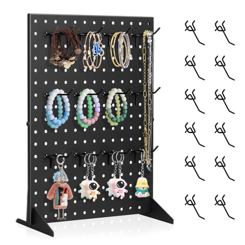 Acfunique Peg Board Display Stand for Vendors with 12 Hooks Metal Tabletop Pegboard Display Stand for Craft Shows 17" X 13" Retail Display Racks Peg Board Organizer Holder Black - Image 1