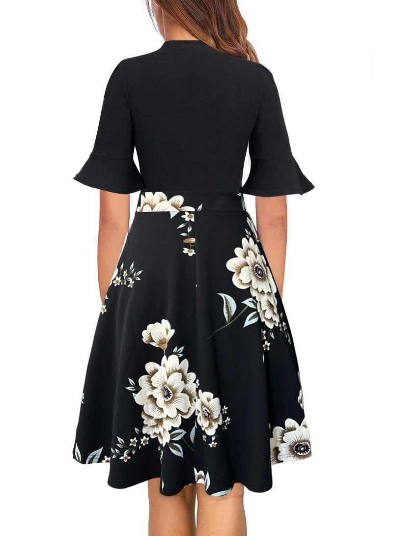 RANPHEE Dresses That Hide Belly Fat for Curvy Women Vintage Cocktail Flattering Black Floral Knee Length Dress to Hide Tummy Stomach Bulge XL - Image 2