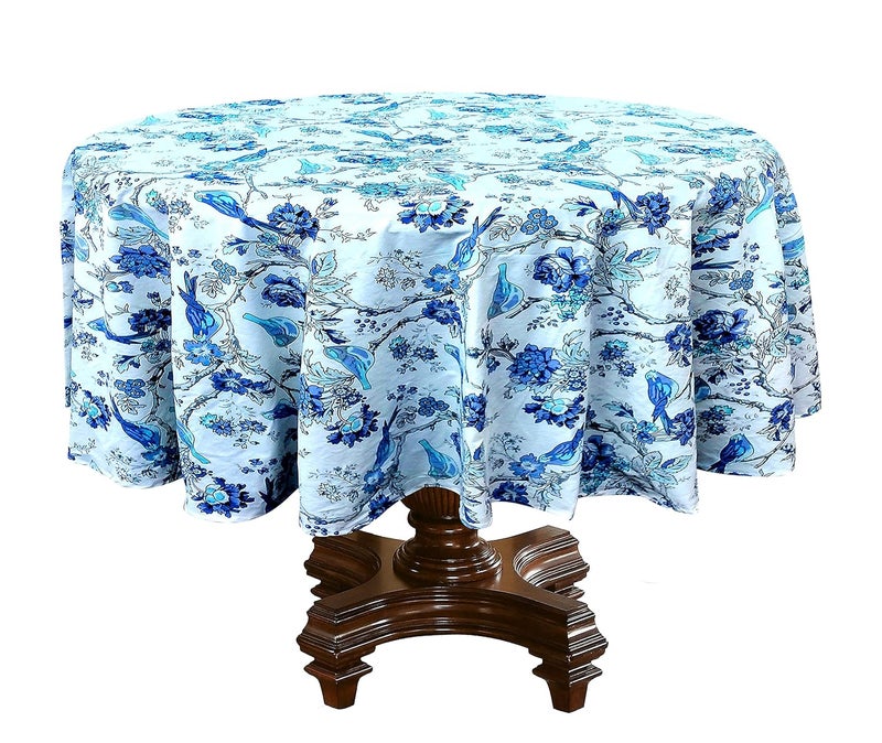 RHF 100 Cotton Round Table CoverRound Tablecloth 90 Inch Diameter Dining Tablecloths for 68 Seater Dining Tables 90 Inch Round Blue Bird - Image 1