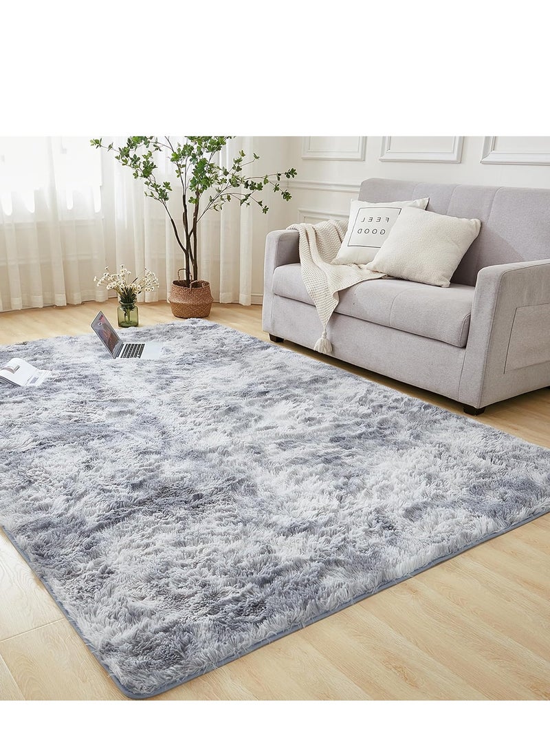 سجادة منطقة شاج لغرفة المعيشة، سجاد داخلي ناعم من القطيفة بلون رمادي فاتح مصبوغ بتقنية الربط، لغرفة النوم، سجادة من الفرو الصناعي الناعم غير القابل للانزلاق (160×200 سم، رمادي فاتح) - Image 1