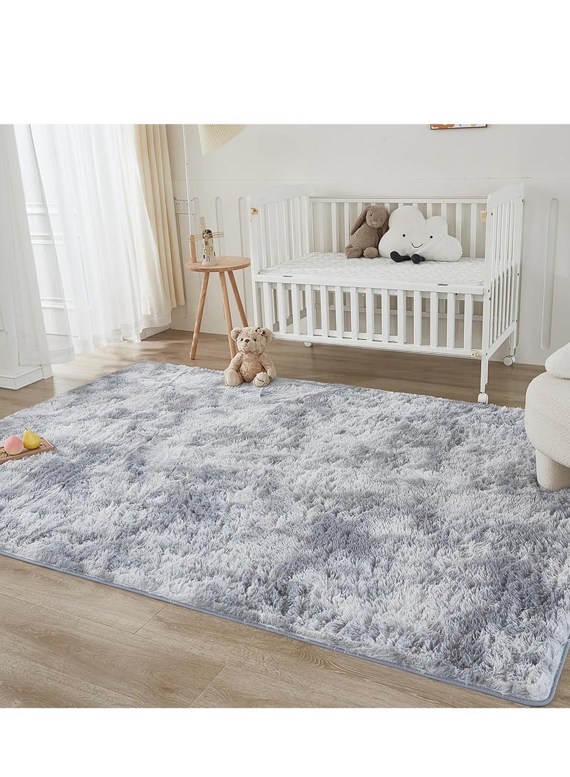 سجادة منطقة شاج لغرفة المعيشة، سجاد داخلي ناعم من القطيفة بلون رمادي فاتح مصبوغ بتقنية الربط، لغرفة النوم، سجادة من الفرو الصناعي الناعم غير القابل للانزلاق (160×200 سم، رمادي فاتح) - Image 5