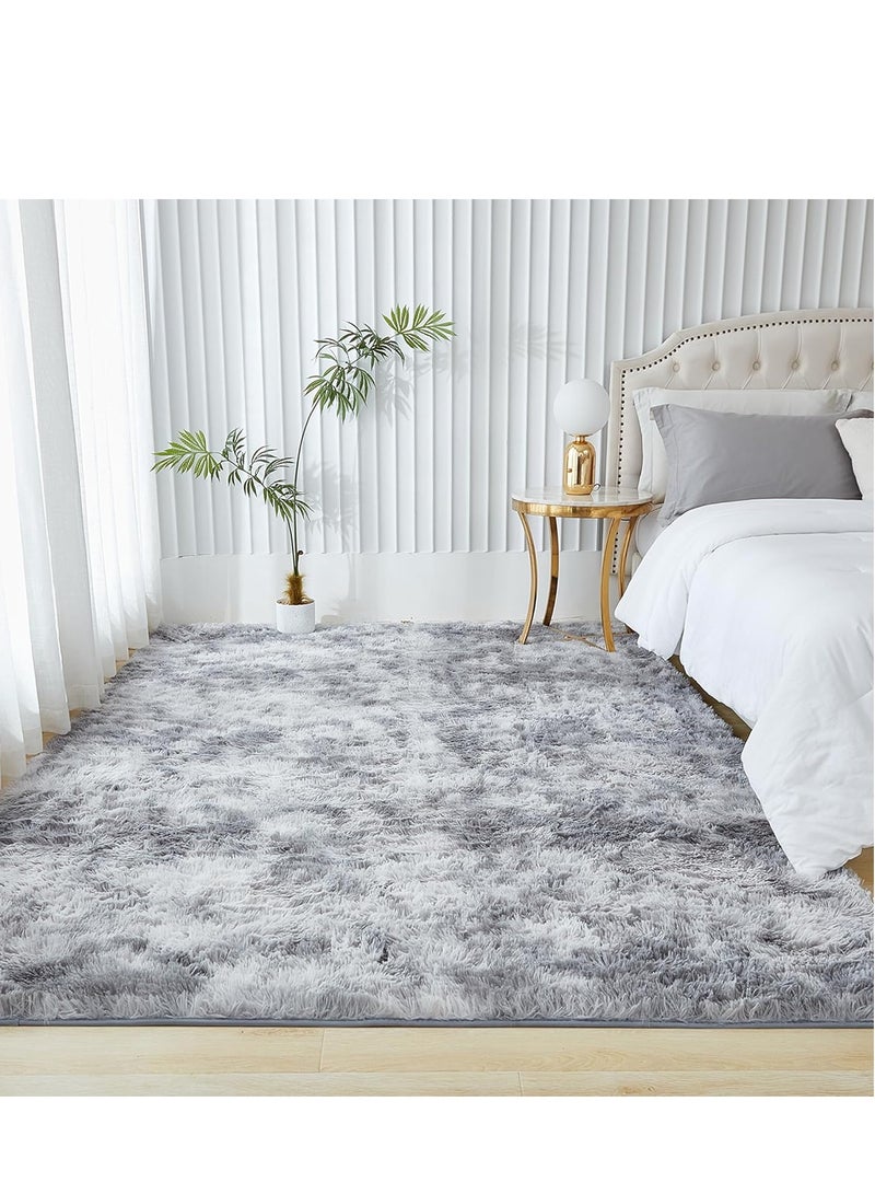 سجادة منطقة شاج لغرفة المعيشة، سجاد داخلي ناعم من القطيفة بلون رمادي فاتح مصبوغ بتقنية الربط، لغرفة النوم، سجادة من الفرو الصناعي الناعم غير القابل للانزلاق (160×200 سم، رمادي فاتح) - Image 2