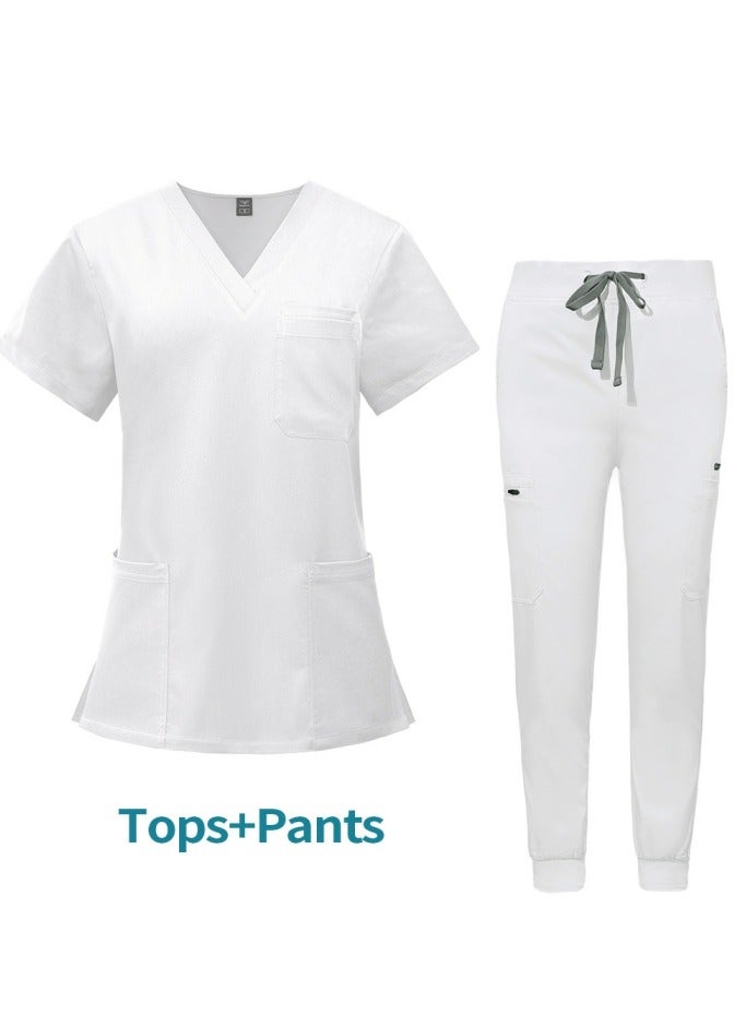 Loquat Medical Uniform Scrubs 2 Piece Set V-Neck Top and Jogger Pants Suit White  - Image 1