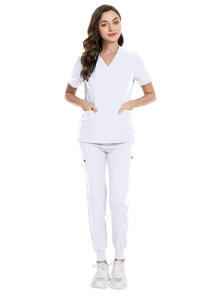 Loquat Medical Uniform Scrubs 2 Piece Set V-Neck Top and Jogger Pants Suit White  - Image 3