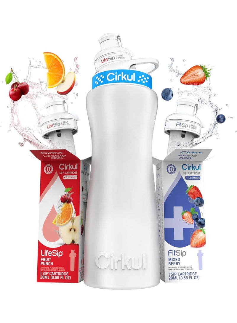 22 oz Plastic Water Bottle Starter Kit with Blue and White Lid and 2 Flavor Cartridges (Fruit Punch & Mixed Berry)