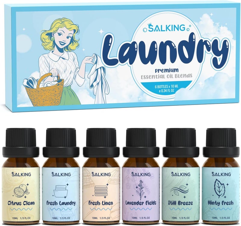 مجموعة زيوت عطرية للغسيل SALKING، مجموعة هدايا زيت العطر العلاجي لموزع الروائح، 6 × 10 مل - نظافة الحمضيات، غسيل طازج، فراش طازج، حقول اللافندر، نسيم، نعناع - Image 1