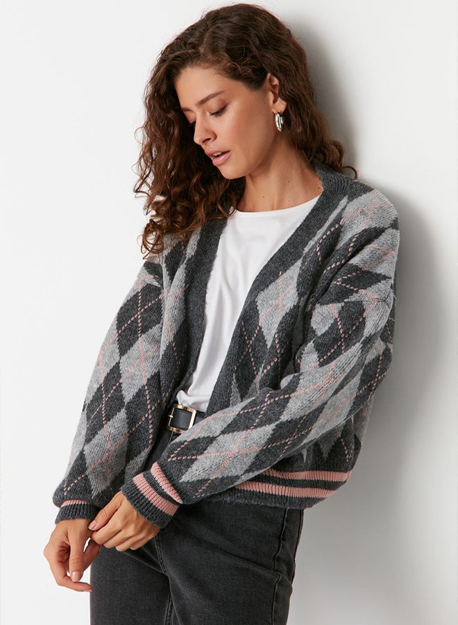 trendyol Gray Soft Textured Diamond Patterned Knitwear Cardigan - Image 1
