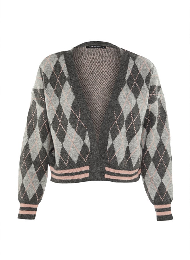 trendyol Gray Soft Textured Diamond Patterned Knitwear Cardigan - Image 5