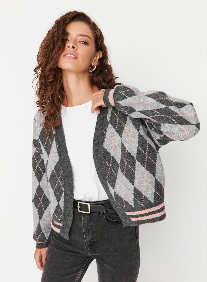 trendyol Gray Soft Textured Diamond Patterned Knitwear Cardigan - Image 2