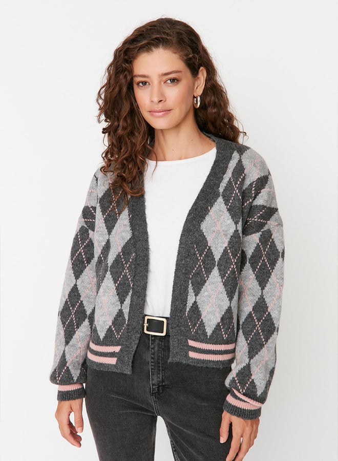 trendyol Gray Soft Textured Diamond Patterned Knitwear Cardigan - Image 3
