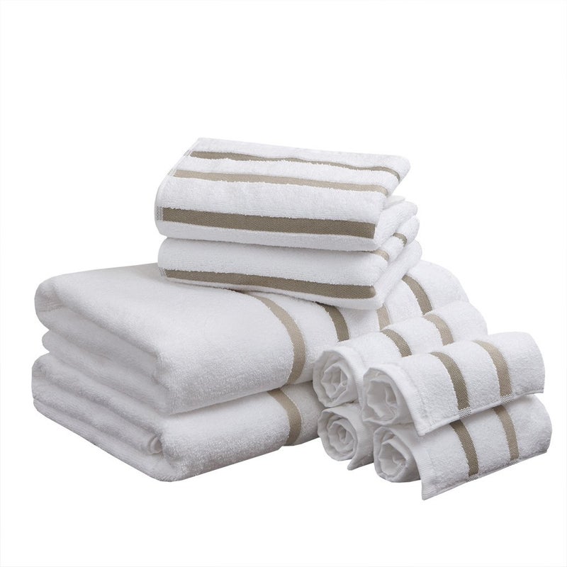 Comfort Spaces Cotton 8 Piece Bath Towel Set Striped Ultra Soft Hotel Quality Quick Dry Absorbent Bathroom Shower Hand Face Washcloths, Multi-Sizes, Zero Twist Taupe 8 Piece - Image 1