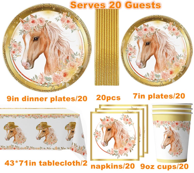 DISRUB لوازم حفلة عيد ميلاد الخيل، مجموعة كاملة من أدوات المائدة لحفلة الخيل 102 قطعة تخدم 20 شخصًا بما في ذلك أطباق حفلة الخيل الذهبية، أكواب، مناديل، مصاصات، 2 قطعة مفرش طاولة لتزيين حفلة عيد ميلاد الطفل الخيل - Image 2