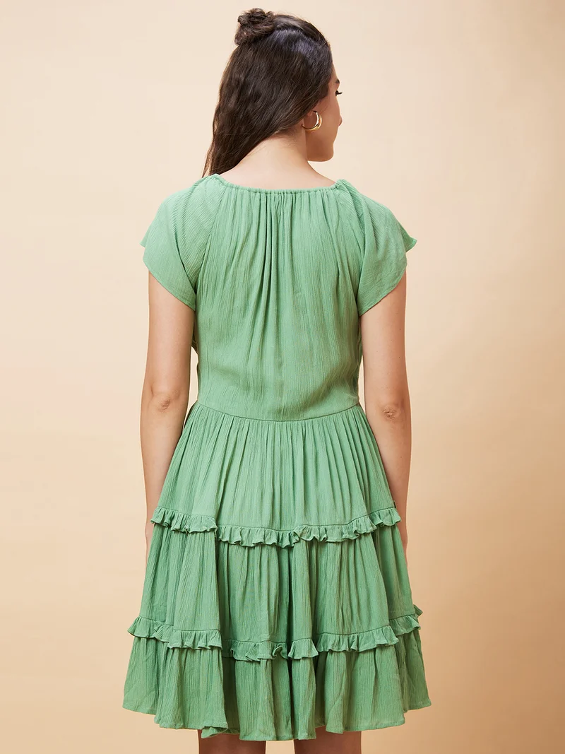 globus Women Green Round Neck Gathered Tiered Fit & Flare Dress