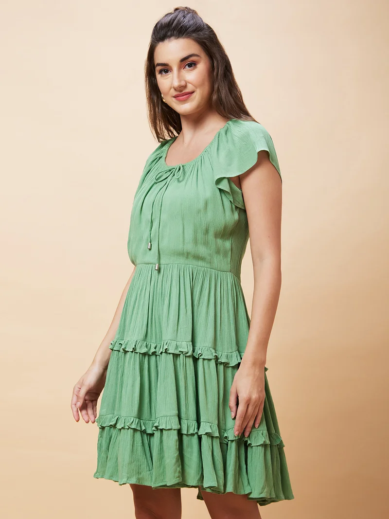 globus Women Green Round Neck Gathered Tiered Fit & Flare Dress