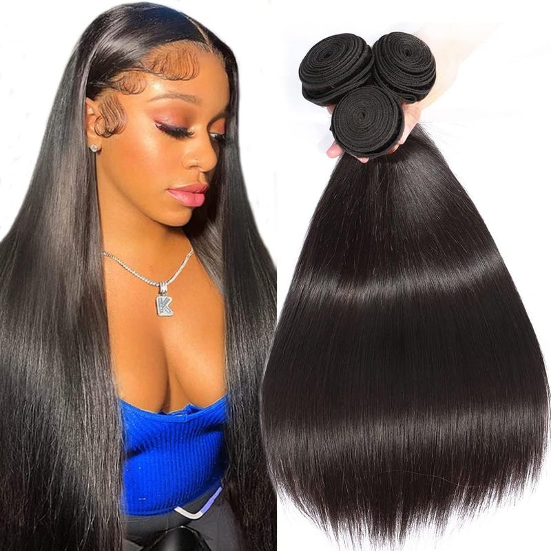 ANGIE QUEEN Unprocessed Brazilian Straight Bundles Human Hair 3 Bundles 20 22 24 Inch Human Hair Extensions Straight Weave Bundles Double Weft Quick Weave Extensions Natural Black Color