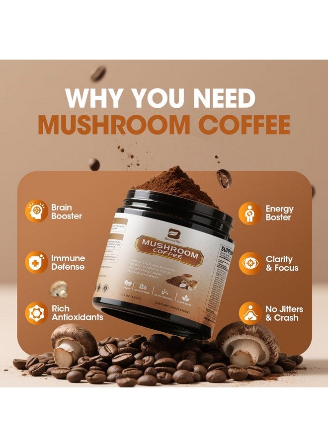 B BEWORTHS ب بيورثس مسحوق قهوة الفطر مع زيت MCT - 10 فطر من نوع ليوينغ مان، ذيل الديك الرومي، ريشى، كورديسيبس وتشاجا - قهوة فطر أرابيكا الفورية للتركيز، المناعة، صحة الأمعاء والدماغ | نباتي، كيتو - Image 2