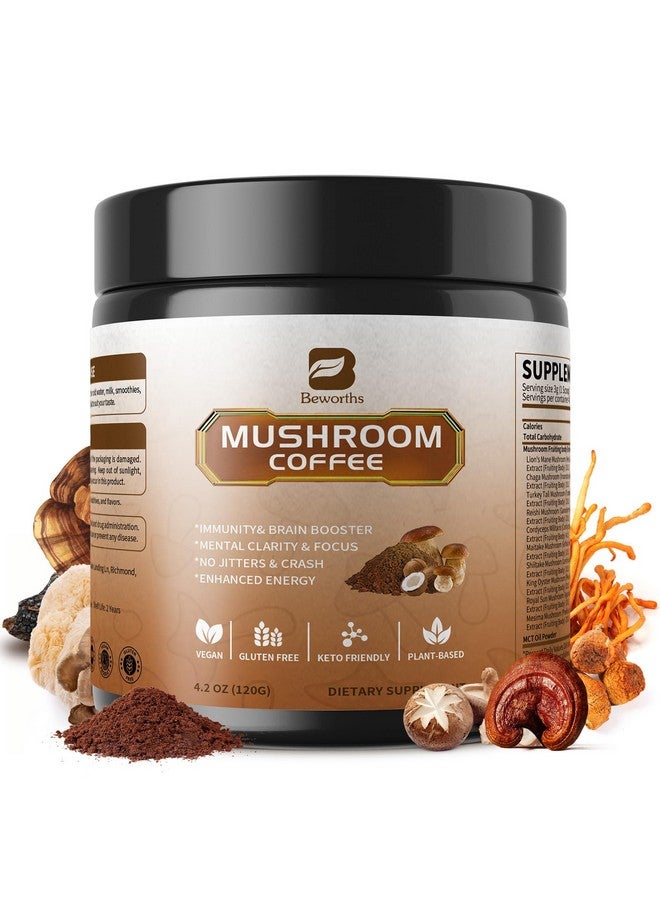 B BEWORTHS ب بيورثس مسحوق قهوة الفطر مع زيت MCT - 10 فطر من نوع ليوينغ مان، ذيل الديك الرومي، ريشى، كورديسيبس وتشاجا - قهوة فطر أرابيكا الفورية للتركيز، المناعة، صحة الأمعاء والدماغ | نباتي، كيتو - Image 1