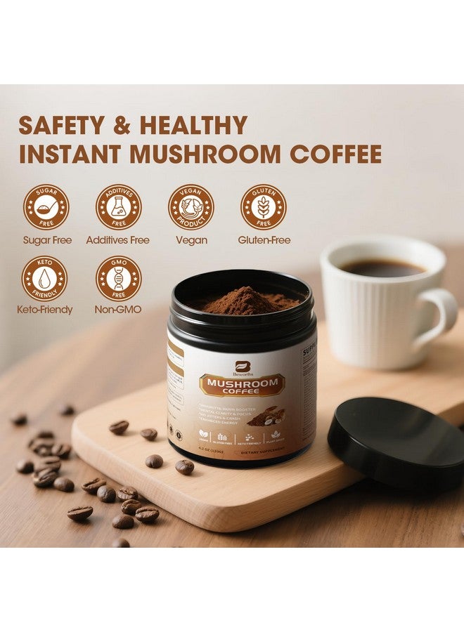 B BEWORTHS ب بيورثس مسحوق قهوة الفطر مع زيت MCT - 10 فطر من نوع ليوينغ مان، ذيل الديك الرومي، ريشى، كورديسيبس وتشاجا - قهوة فطر أرابيكا الفورية للتركيز، المناعة، صحة الأمعاء والدماغ | نباتي، كيتو - Image 4