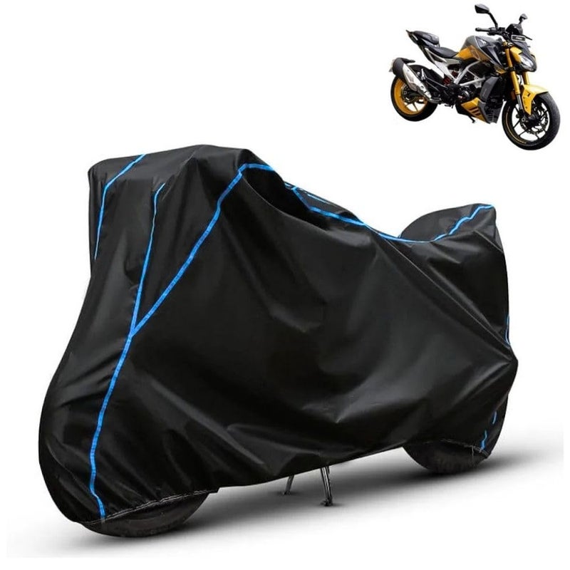 FAVY Water Resistant Bike Cover Compatible with TVS Apache RTR 310, Rain, UV, and Dust Proof, All-Weather Proof Full Body Bike Cover, Black with Blue Piping, Triple Stitched with Elastic Bottom - Image 1