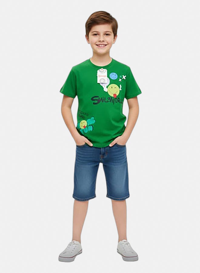 تيشيرت اولادي  قطن نص كم مطبوع من بونجو - اخضر